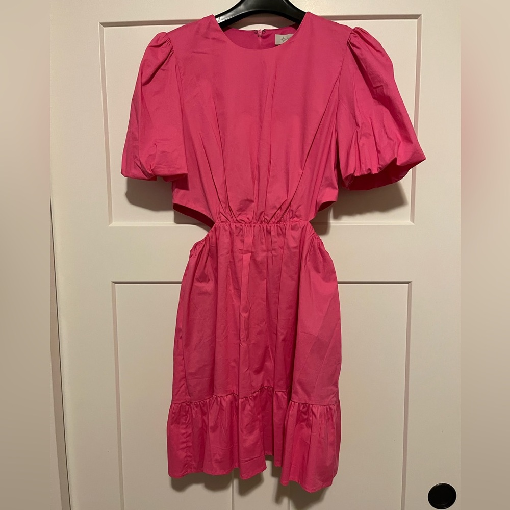 NWT Wayf Hot Pink Cut Out Waist, Puff Sleeve, Ruffle Hem Dress, Size Small